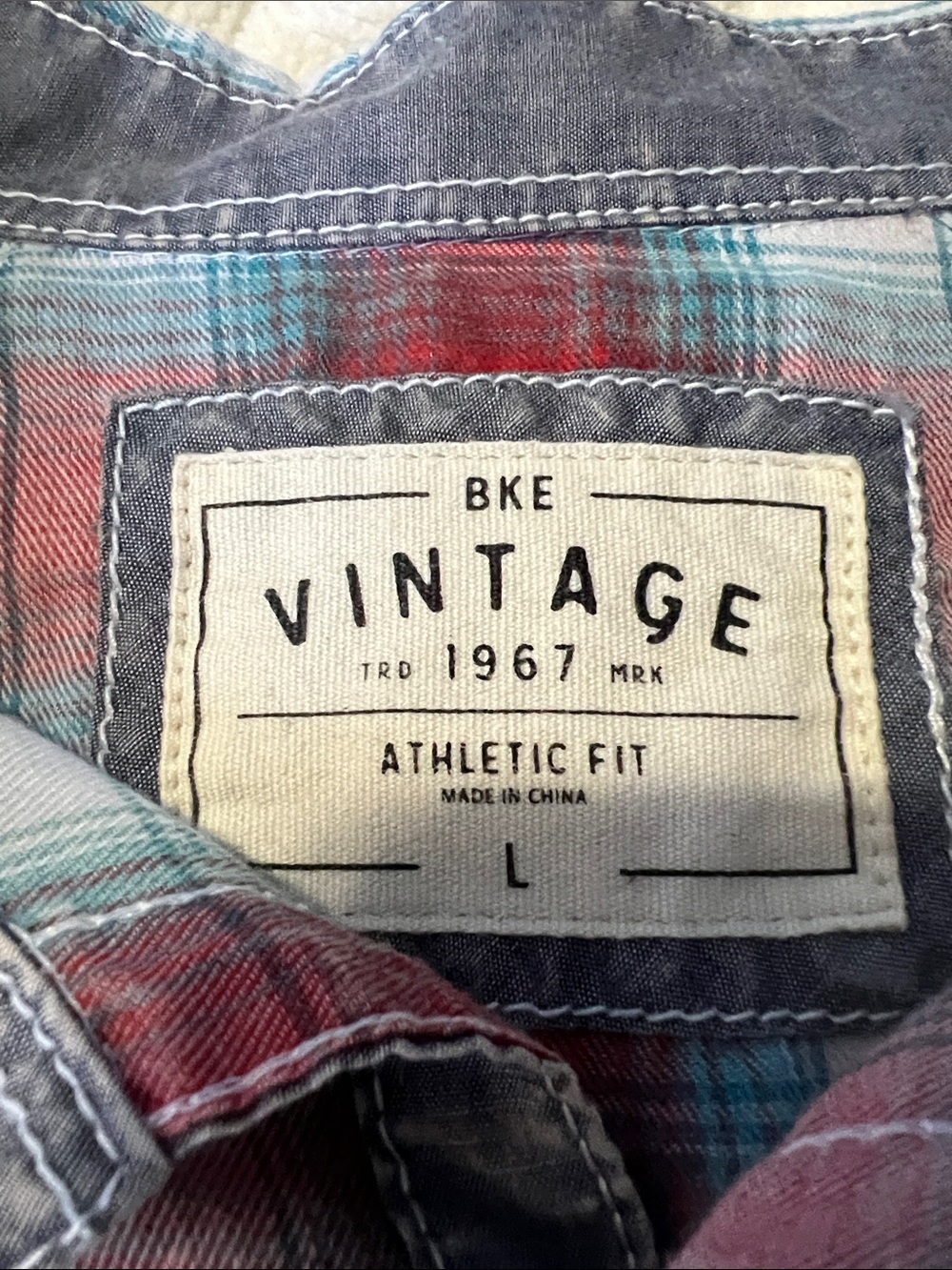 BKE Men's Red and Light Blue Plaid Button-Down Shirt - Picture 2 of 5